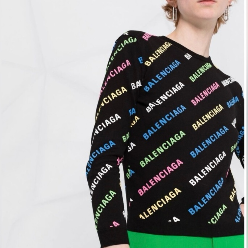 NWT, Balenciaga Rainbow Allover Logo Knit Sweater — Size L - Picture 1 of 9